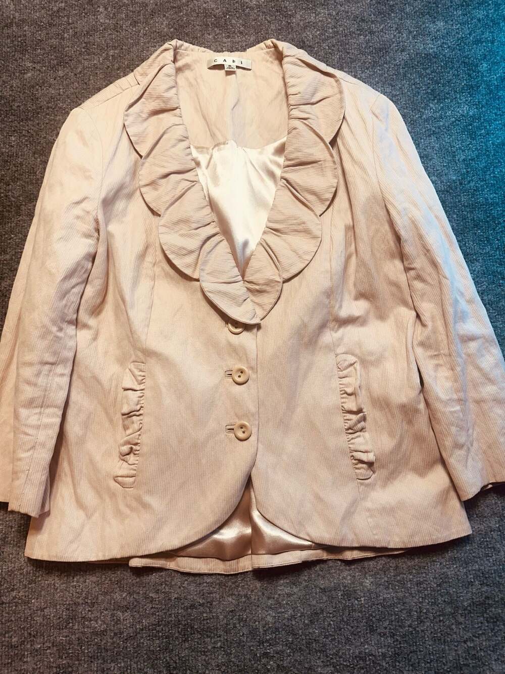 Cabi Pale Pink Ruffled 3/4 Sleeve Coquette Feminine Party Blazer Jacket Sz 6